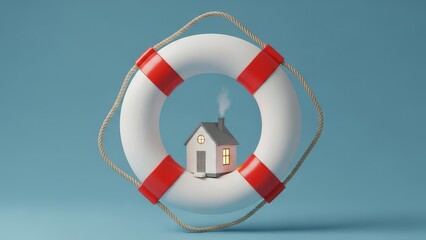 Home insurance concept with a miniature house inside a lifebuoy on a blue background, symbolizing protection and security for property and belongings