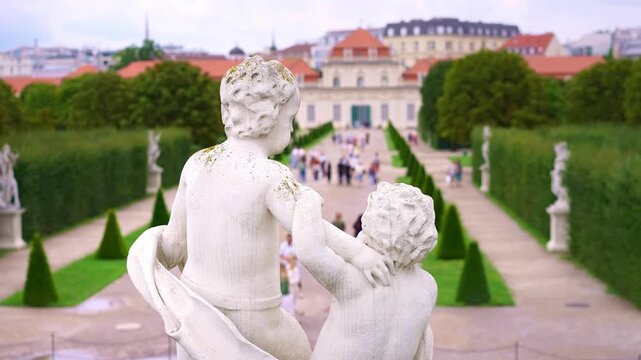 Fountain in park garden in front of Belvedere Palace, Vienna, Austria. Summer in Europe travel, popular tourism destination.