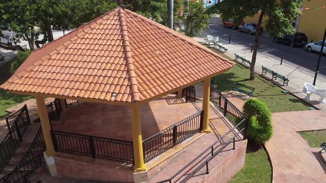 Aerial view of the pavilion at Parque de La Ermita in M&eacute;rida, located near the historic church, emphasizing cultural tradition, colonial architecture, and religious heritage.