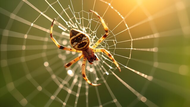 lemuria. A spider mending its intricate web with glistening threads in morning light. wildlife magazines, conservation campaigns, designed for eco-tourism storytelling, used by motion designers.
