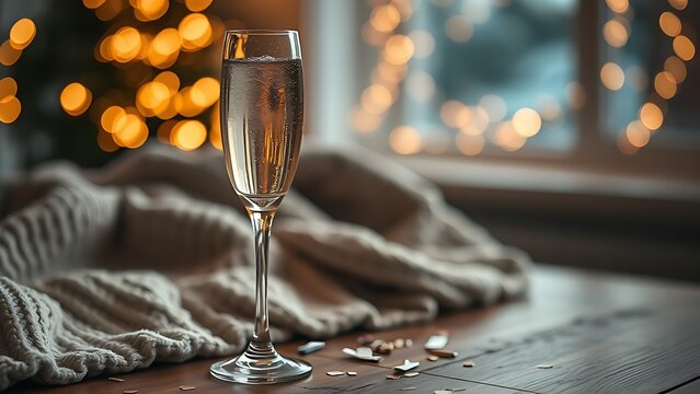 dcf. A champagne flute with golden bubbles on a wooden table beside a cozy blanket and festive confetti. bar promotions, beverage menus, designed for food & beverage menus and cafe branding.