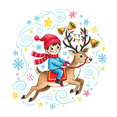 Obraz premium Illustration of a boy riding a reindeer decorated with bells and lights.