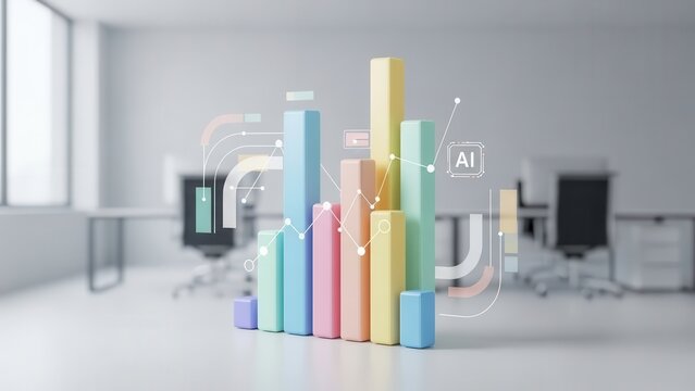 Dynamic 3D rendered pastel bar chart visualization for business analytics and artificial