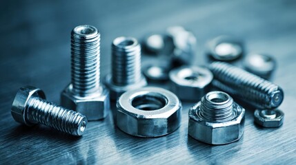 Assortment of metallic fasteners including threaded bolts and hexagonal nuts is displayed on a cool toned surface