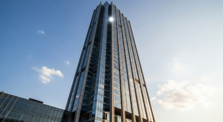 Dynamic low-angle view of a towering glass skyscraper, its sleek facade reflecting the brilliant sun and clear sky, symbolizing urban growth and advanced design.