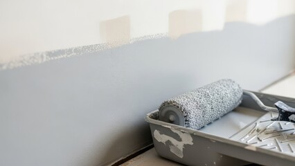 Home renovation project in progress, close-up shot of a paint roller in a tray with gray paint, ready to refresh interior walls and transform spaces with DIY home improvement