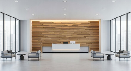 Modern Office Lobby Interior Contemporary Reception Desk, Elegant Wooden Accent Wall, Expansive Windows. Bright, Professional Business Welcome Space.