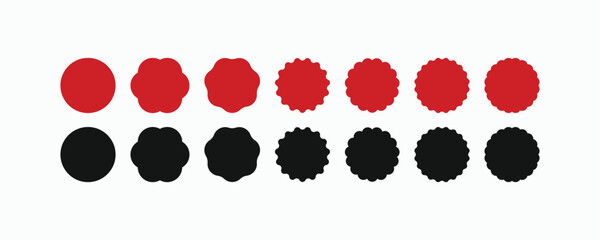 Red and black stamp seals and postage stamp vector set. Variety of starburst, rosette, and jagged circle badges or sticker labels collection for price or warranty design elements