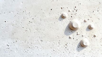 Close-up of a textured white concrete surface featuring raised circular elements and small black specks, creating shadows. The image showcases a minimalist aest