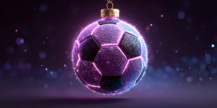 Football or Soccer Christmas and New Year sport banner. Merry Christmas tech greeting card with xmas ball as a bauble on purple neon background. Vector illustration