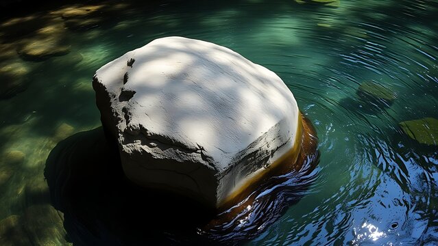 amphibole. A massive weathered boulder resting at the bottom of a clear, deep pool. travel magazines, destination branding, wall prints, designed for travel destination branding, used by teachers.