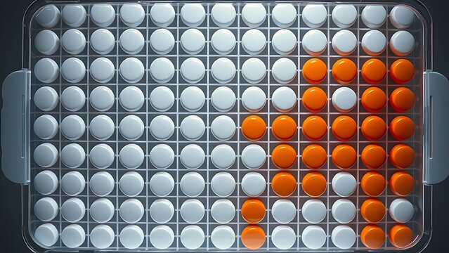 dimer. Pill organizer with tablets in sequence, clinical top view, geometric arrangement. STEM education sheets, lab safety posters, designed for biotech research communications.