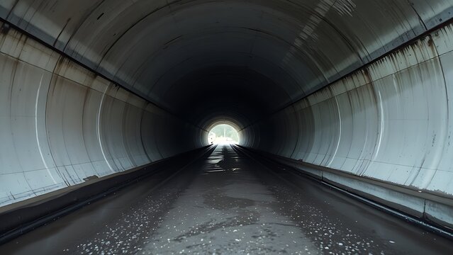undernourishment. A concrete drainage pipe under a road, wet interior with dripping water, tunnel perspective. real-estate listings.