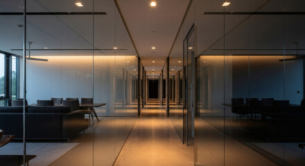 Modern Office Corridor with Reflective Glass Walls Creating an Infinite Illusion of Depth and Sophistication