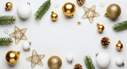 Elegant Festive Decor Arrangement with Golden and White Ornaments, Pine Branches, and Stars, Perfect for Holiday Season Greetings and Celebrations.