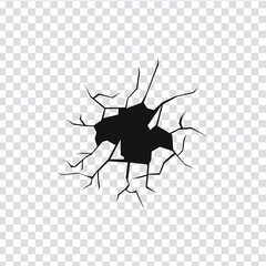 Set of realistic cracked screen hole vector elements. Smash impact damage destruction effect isolated on transparent background