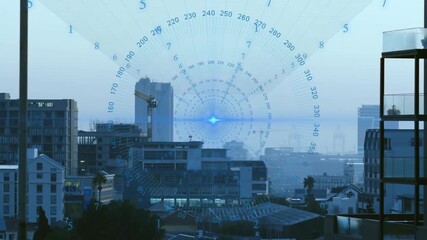 Radial HUD overlay activating, rings rotating and pulsing over static skyline, showing direction - Powered by Adobe