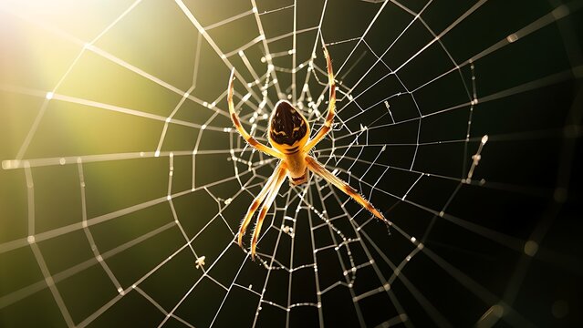 lemuria. A spider mending its intricate web with glistening threads in morning light. wildlife magazines, conservation campaigns, designed for eco-tourism storytelling, used by motion designers.