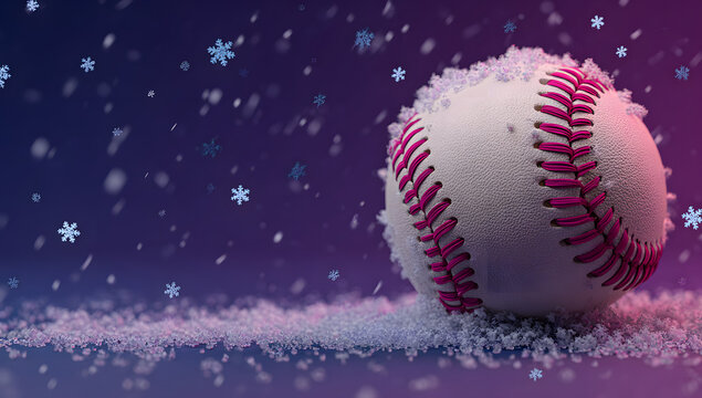Baseball Christmas and New Year sport banner. Merry Christmas tech greeting card with xmas ball as a bauble on purple neon background. Vector illustration