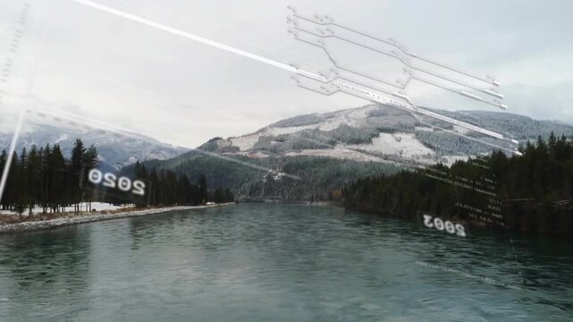 HUD overlay appearing over snowy river valley, sliding lines and flipping years showing timeline