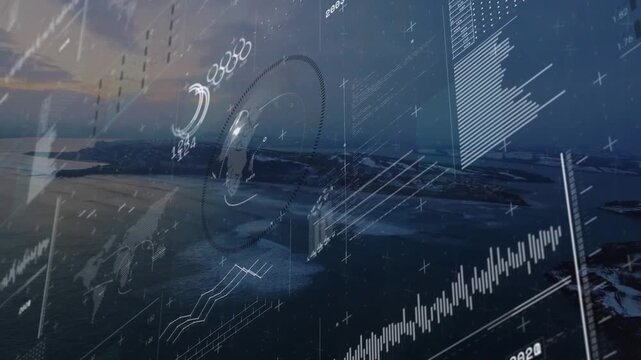 Coastline staying visible while HUD overlay appearing, ring rotating, charts rising showing trend