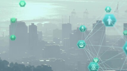 Teal hexagon network emerging from right, incoming icons spurring linking web showing health links - Powered by Adobe