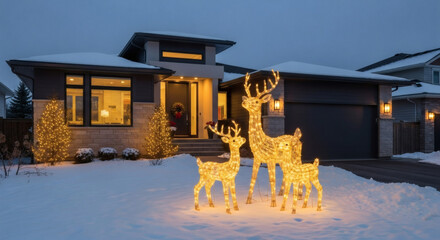 A modern home beautifully adorned with glowing reindeer decorations in a snow-covered front yard, capturing the serene and festive spirit of the winter holidays.