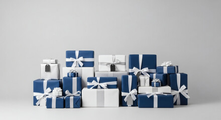 A thoughtfully arranged collection of elegant blue and white gift boxes, beautifully tied with ribbons, signifying celebration and special moments of giving.