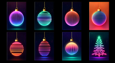 Christmas and New Year sport banner set. Merry Christmas futuristic neon greeting card collection with xmas ball as a bauble. Vector illustration collection