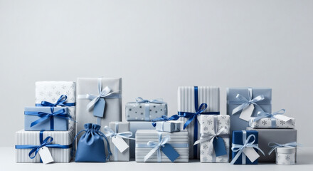 A charming display of festive presents and beautifully packaged gifts in a harmonious palette of blue and white, ready for giving.