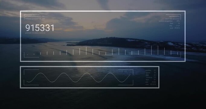 HUD appearing over coastal channel and island, updating numbers and bars while surveying coastline