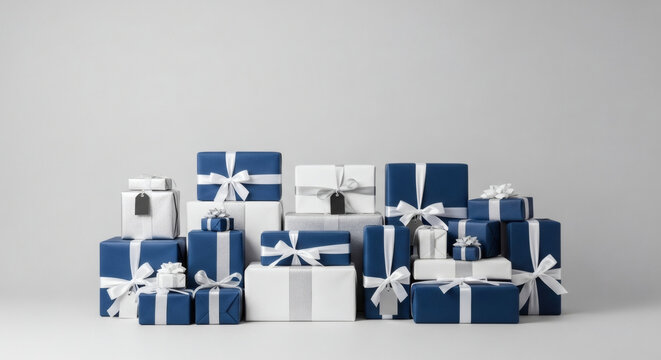 A thoughtfully arranged collection of elegant blue and white gift boxes, beautifully tied with ribbons, signifying celebration and special moments of giving.