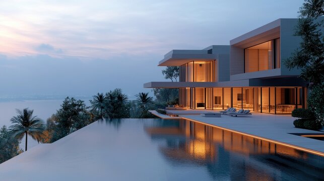 Exterior view of a modern luxury house with an infinity pool at dusk. The house has large windows and is surrounded by palm trees and a view of the ocean.