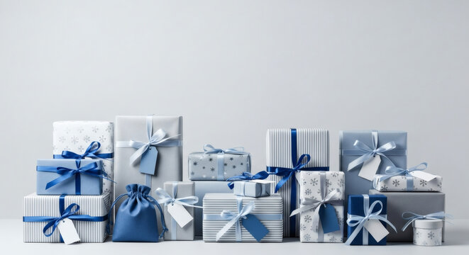 A charming display of festive presents and beautifully packaged gifts in a harmonious palette of blue and white, ready for giving.