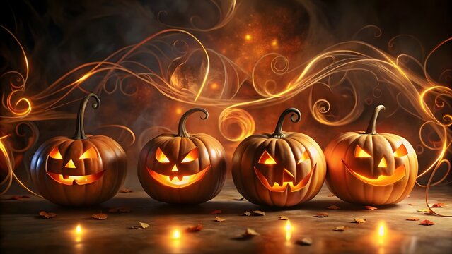 Illuminated jack o lanterns glow warmly against a dark swirling and festive background