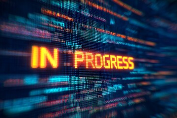 Close up shot of digital display screen showing glowing text "IN PROGRESS". Concept for software development, system update and maintenance mode