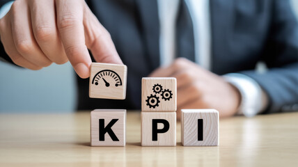 Naklejka premium Business professional in a dark suit placing a wooden cube with a target icon on top of a vertical stack spelling 