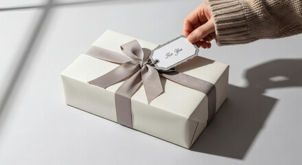 A beautifully wrapped present featuring a cream paper and grey ribbon, with a hand adding a thoughtful 'For You' gift tag, symbolizing care and celebration.