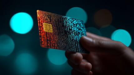 Close-up of hand holding digital credit card with binary code pattern design, concept for online security, financial technology and e-commerce