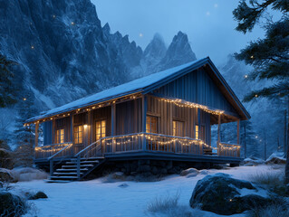 Cozy cabin with string lights in snowy mountains