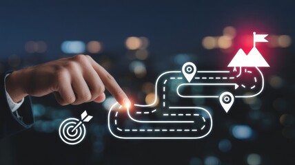 Interacting with a glowing, futuristic, and interactive digital roadmap graphic. white markings, symbolizing a business or career journey.