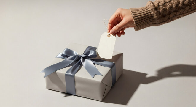 A hand adds a blank tag to a beautifully wrapped gift, symbolizing personal care and thoughtful preparation for a special occasion.