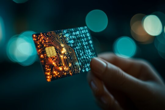 Woman holds futuristic credit card with glowing circuit and binary code, concept for digital finance, data protection and online payment