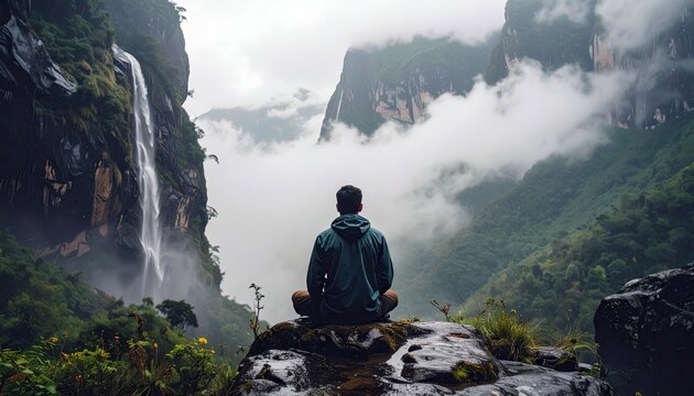 A man meditates in a peaceful mountain landscape, overlooking a waterfall and lush green valley. The scene is enveloped in mist and clouds on a cloudy day. - Powered by Adobe