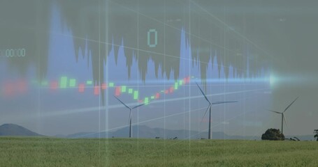 Wind turbines staying fixed while blue chart appearing and candles moving, showing market swings - Powered by Adobe
