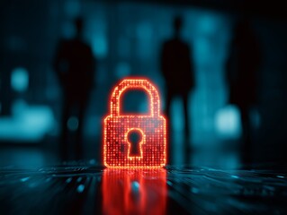 Glowing red padlock icon on a circuit board with blurred silhouettes in background. Concept for data protection, network security and online safety