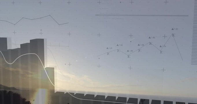 Camera panning right, block towers rising and aligning with data bars to visualize trend growth