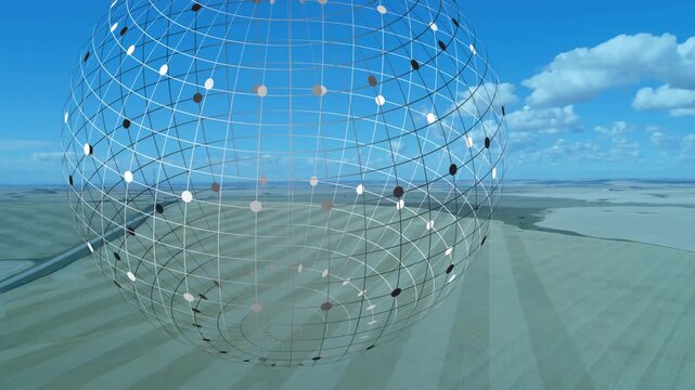 Partial spherical grid appearing corner, moving enlarging rotating over fields showing crop data