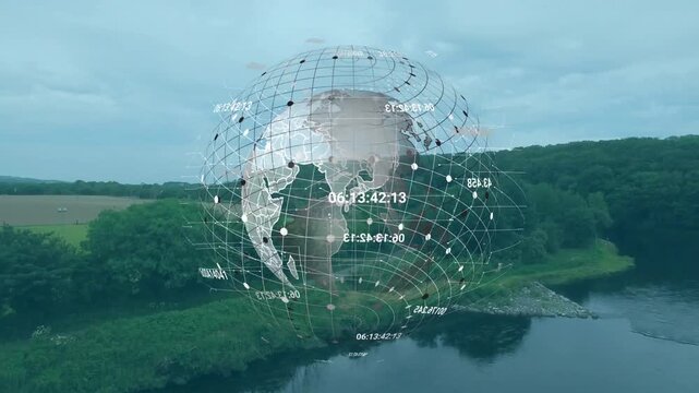 Translucent globe starting over river, rotating and pulsing while visualizing numeric data