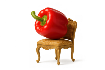 Red bell pepper sitting on an opulent antique golden chair with transparent background, contrasting healthy food with luxury